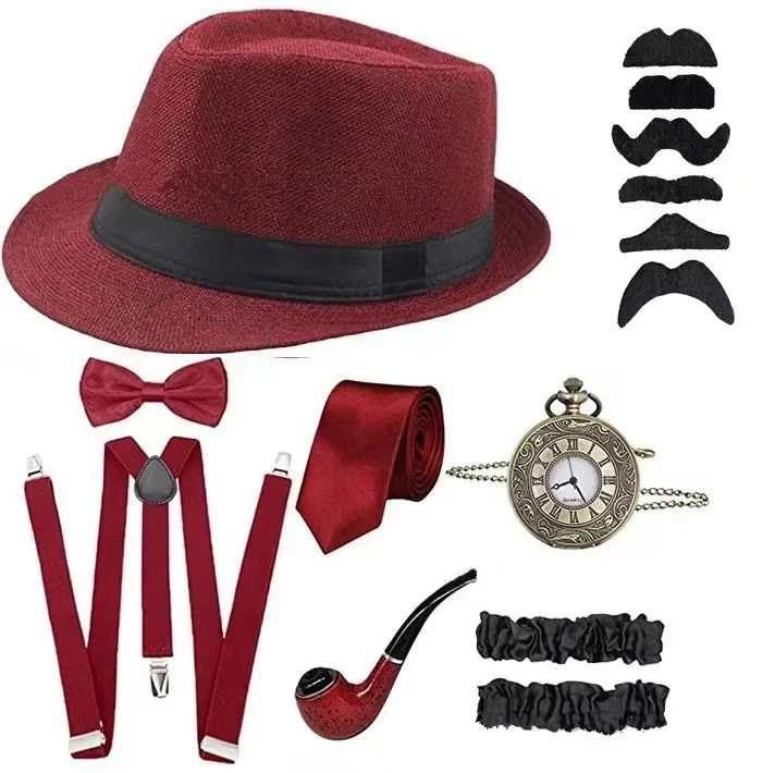 Men'S Accessories In The 1920S - 男性用パーティーグッズ、1920年代をテーマにしたコスプレ衣装、舞台パフォーマンス用、ギャツビー風ベレー帽、葉巻、腕時計、サスペンダー、ネクタイ、コスチュームアクセサリーセット。