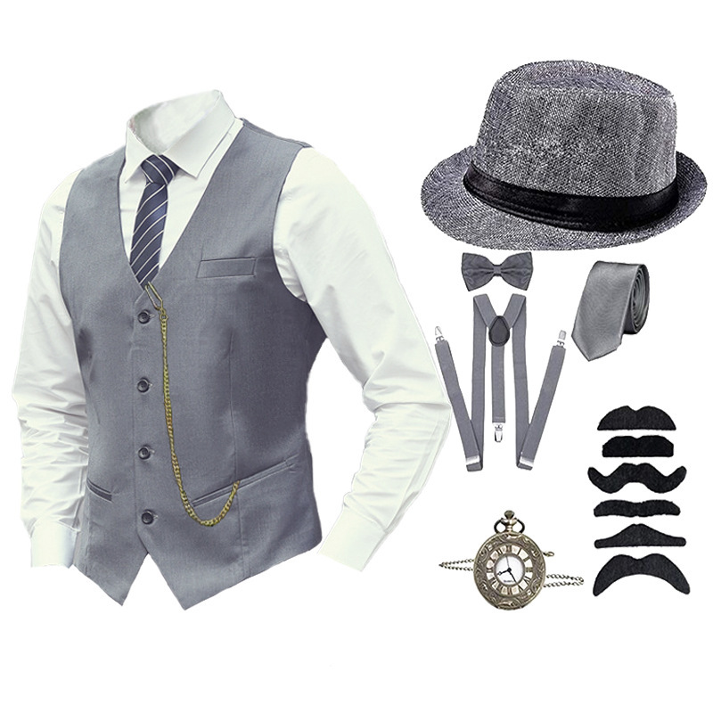 Men'S Accessories In The 1920S - ハロウィーン1920年代風メンズコスチューム＆アクセサリーセット。20年代のスタイリッシュなベスト、サスペンダー、帽子、懐中時計、ネクタイ。コスプレ衣装。