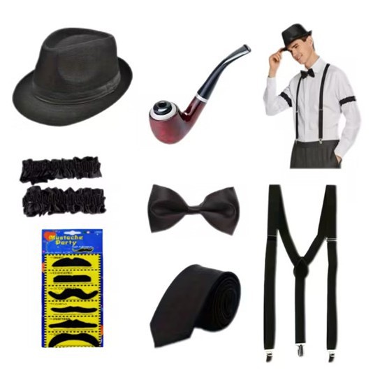 Men'S Accessories In The 1920S - 1920年代メンズギャツビーギャングスターコスチューム老人仮装おじいちゃんコスプレアクセサリーセット帽子パイプ懐中時計ストラップネクタイセット