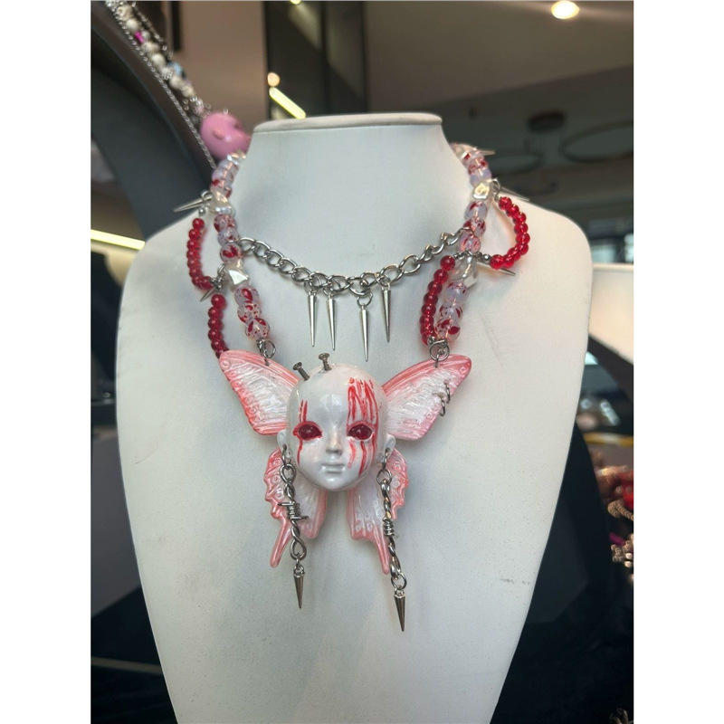Men Accessories Neck Chain - 2026年新作パンクネックレス レザーチョーカー クロスメタルチェーン リベット 人間の顔 ダーク系