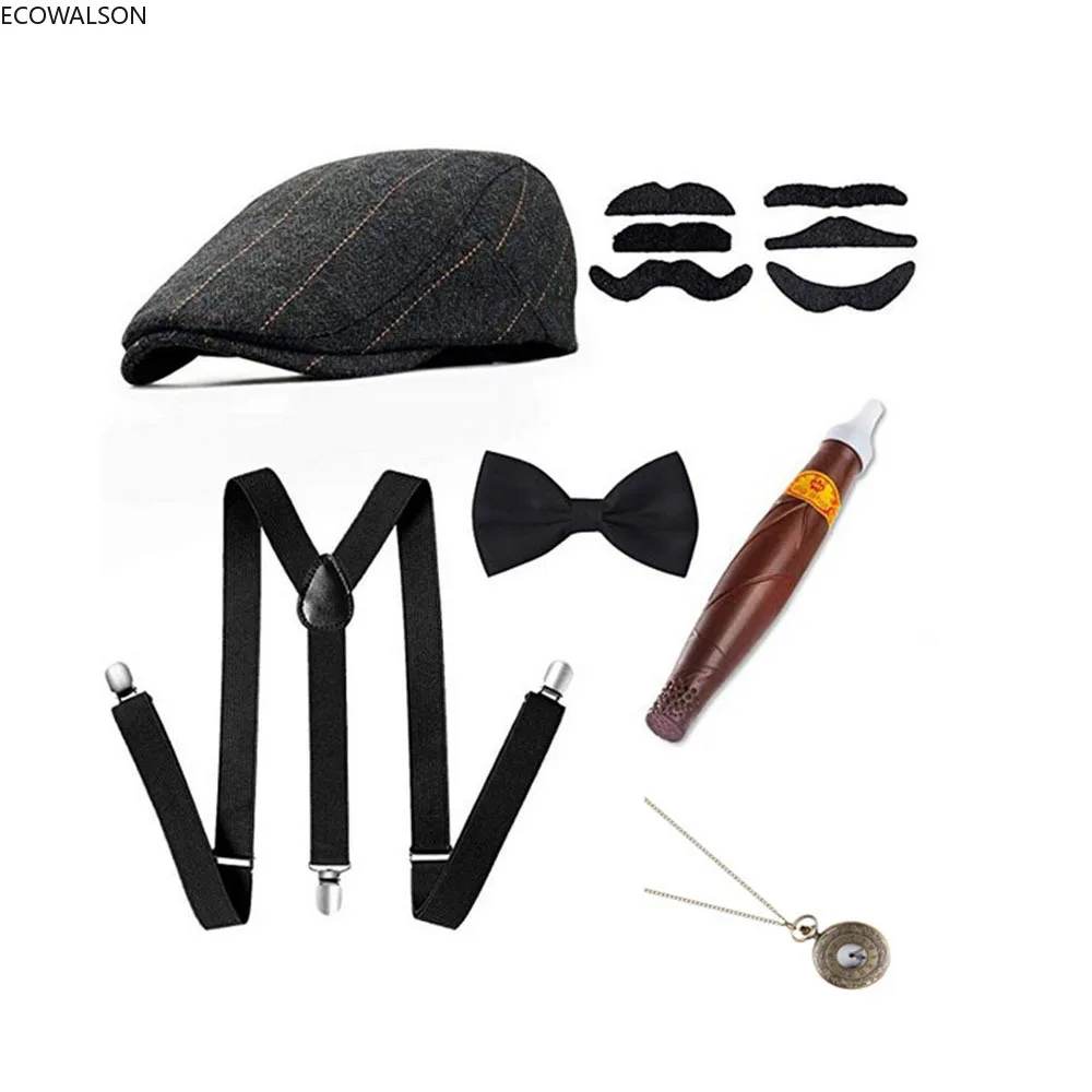 Men'S Accessories In The 1920S - 5点セット ステージ衣装アクセサリー 30年代マンハッタンギャングスターベレー帽 Yバックサスペンダーネックレス 1920年代メンズギャツビーコスチューム 30