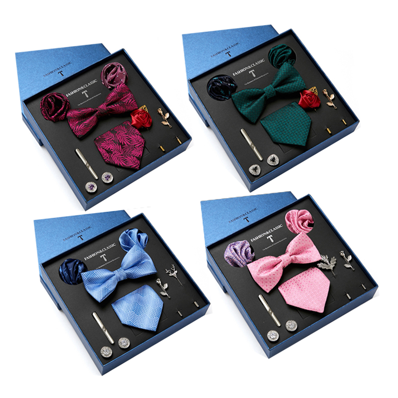 Neck Tie Set Box - 男性用蝶ネクタイ,正方形のポケット,カフスボタン,結婚式用,8ピース,緑