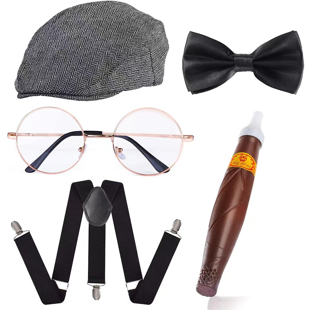 Men'S Accessories In The 1920S - コスプレホリデーパーティー老人コスチューム1920年代おじいちゃんアクセサリーセットベレー帽眉毛ストラップネクタイ懐中時計