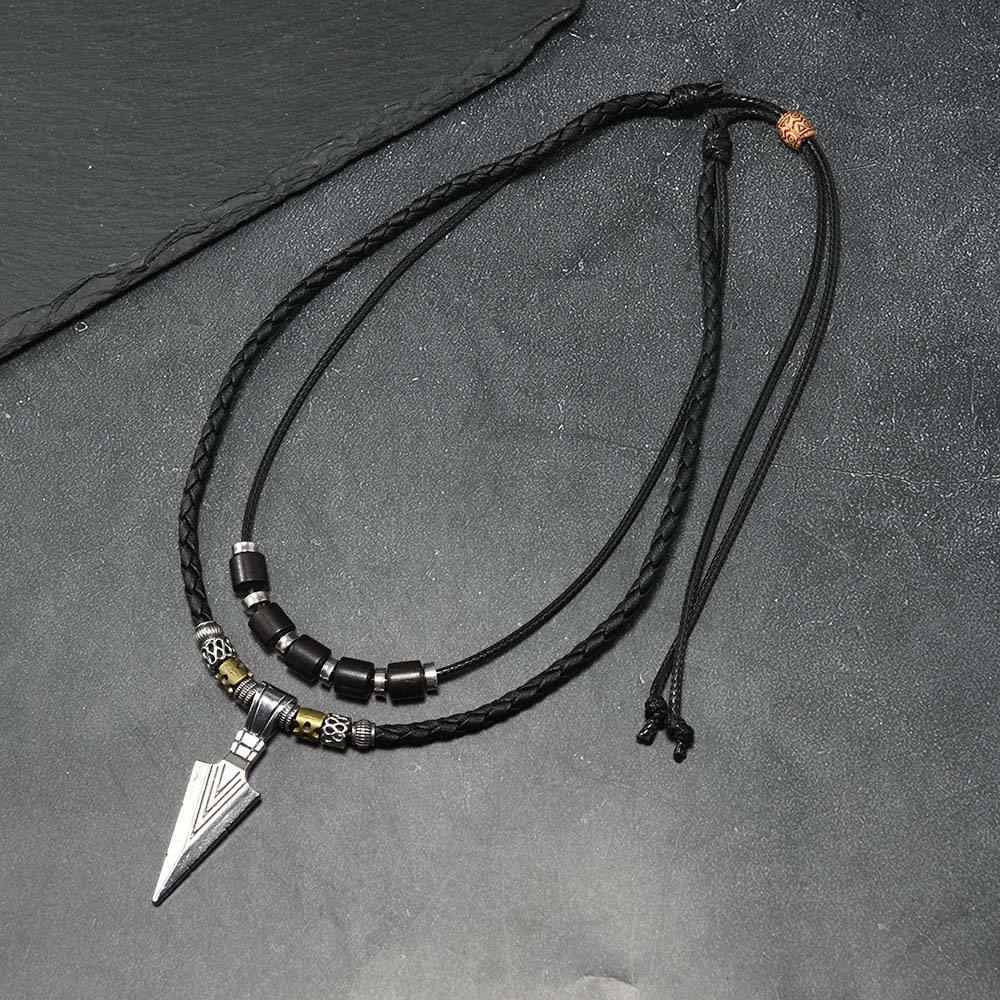 Men Accessories Neck Chain - メンズバイキングアローヘッドネックレス ヴィンテージエスニックトライバル編み込みレザーネックレス アローペンダント レイヤードネックジュエリーアクセサリー ボヘミアンスタイル